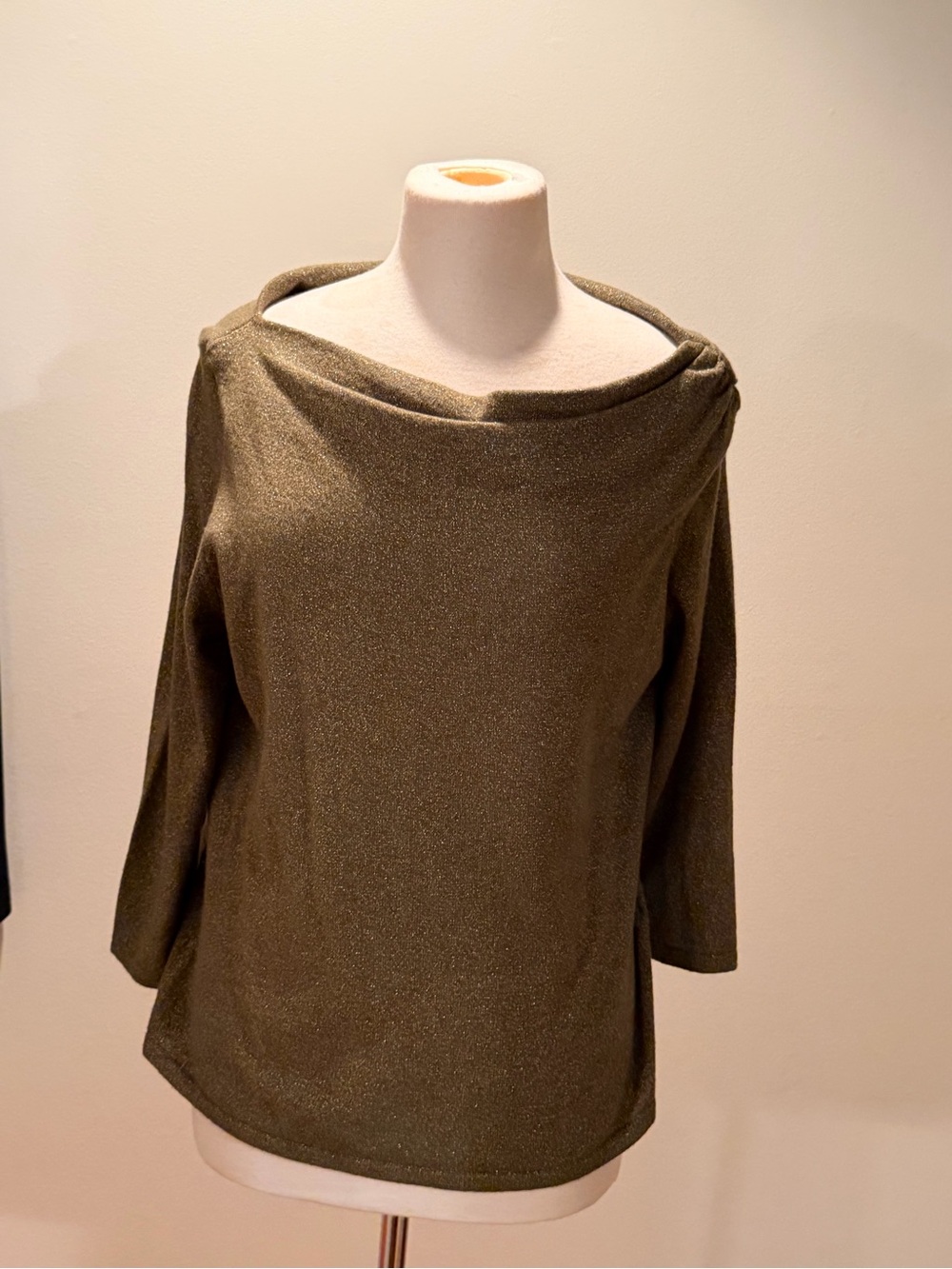 Lafayette 148 New York Olive Metallic Boatneck Off-Shoulder Sweater